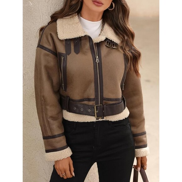 Women's Winter Faux Lamb Fur Leather Short Jacket Lapel Zipper Bomber Coat Camel - Picture 5 of 9